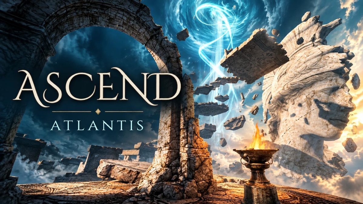 Cover art for Ascend: Atlantis showing floating ruins beneath a swirling blue vortex
