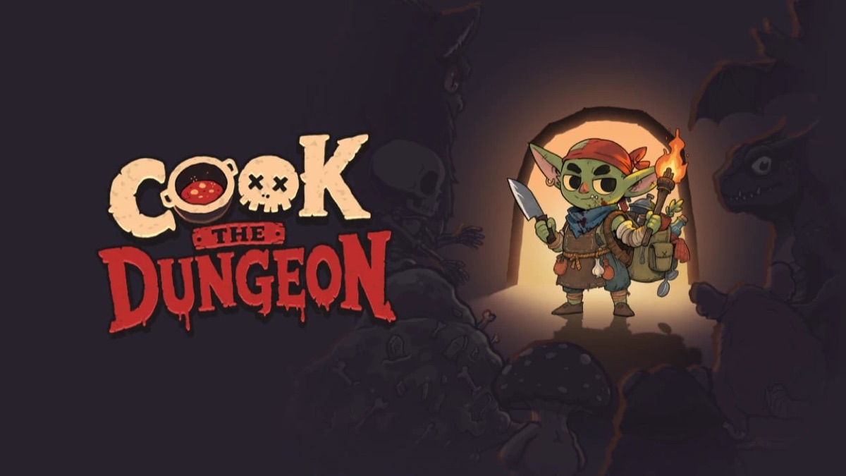 Cover art for Cook the Dungeon showing a goblin chef with a torch in a dungeon doorway