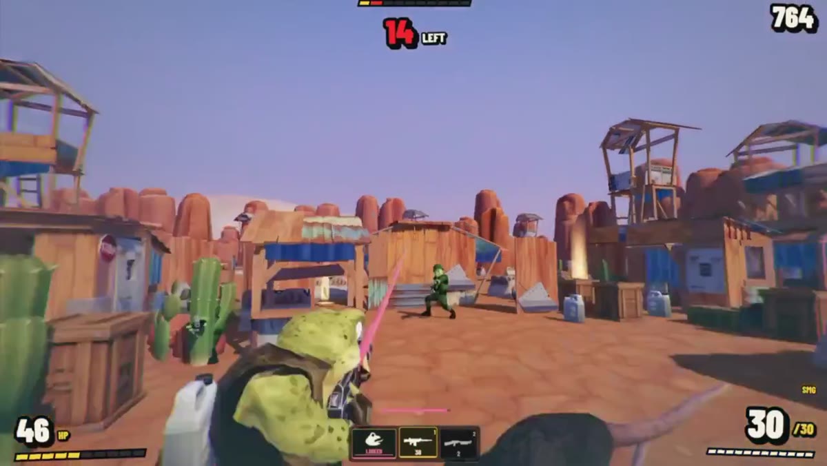A heavily armed frog in a sun-baked desert outpost in GUNFROG