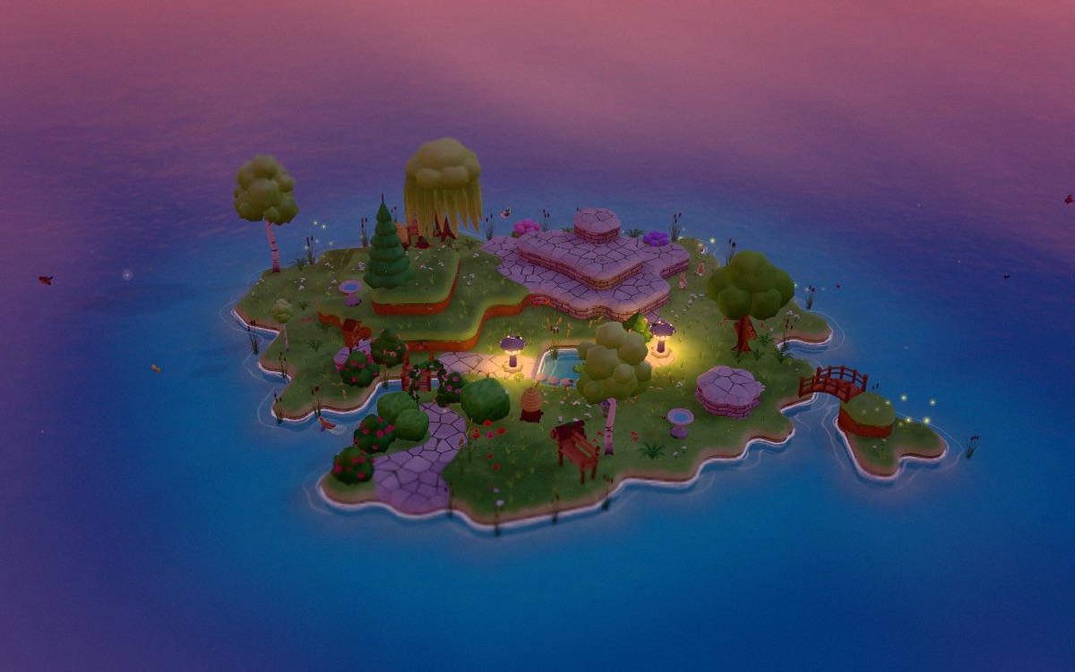 A tiny floating garden island at golden hour in Little Habitats