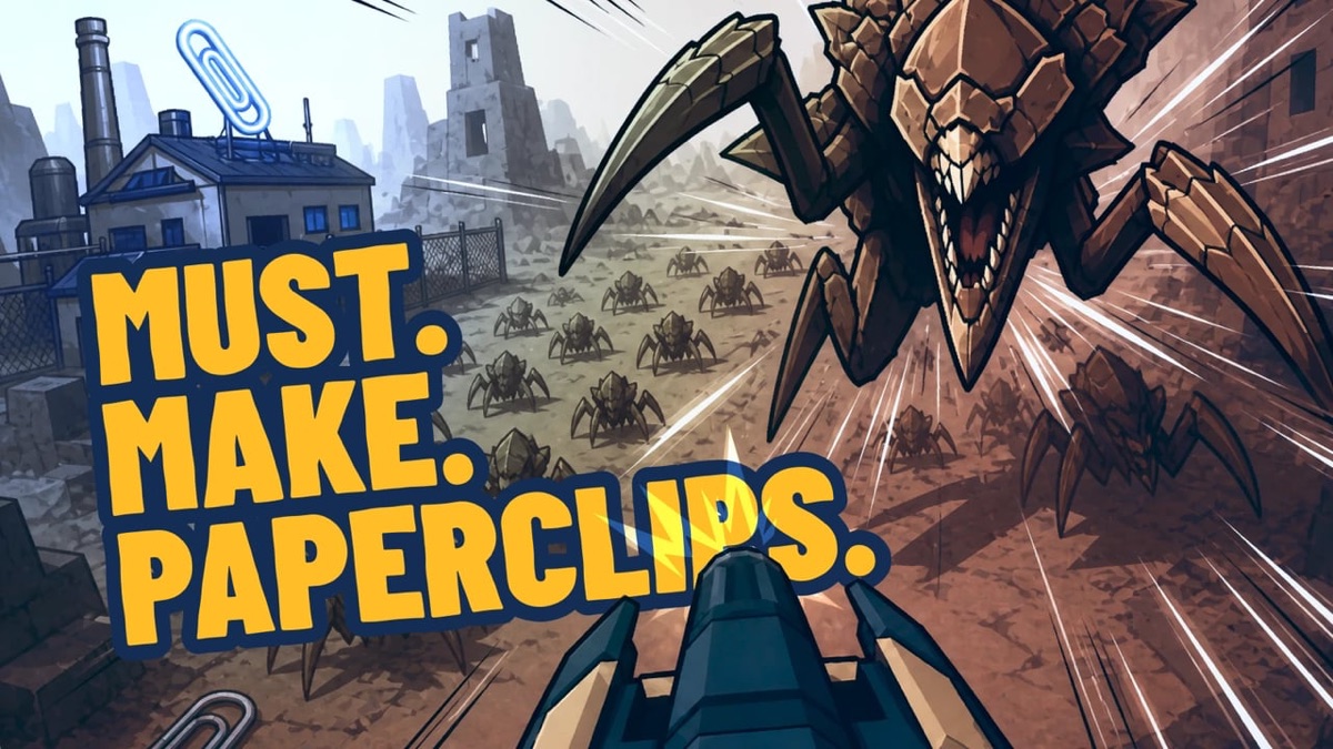 Cover art for MUST. MAKE. PAPERCLIPS. showing a giant insect charging a factory turret