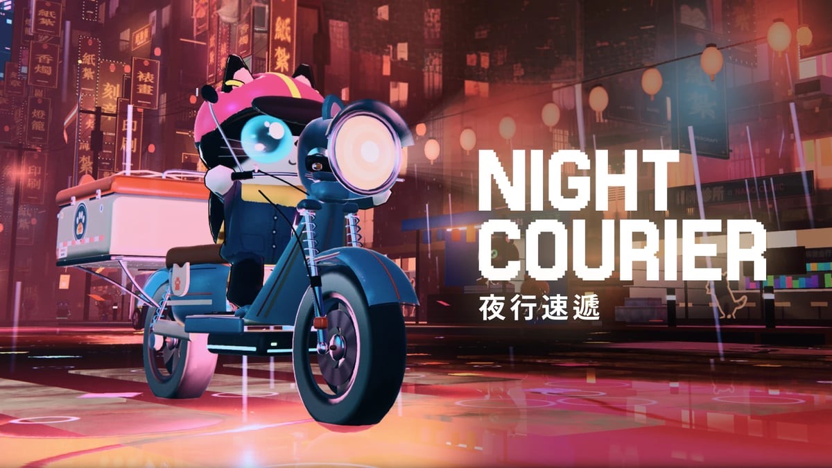 A tuxedo-cat courier on a scooter in the rainy, neon-lit harbour city of Night Courier