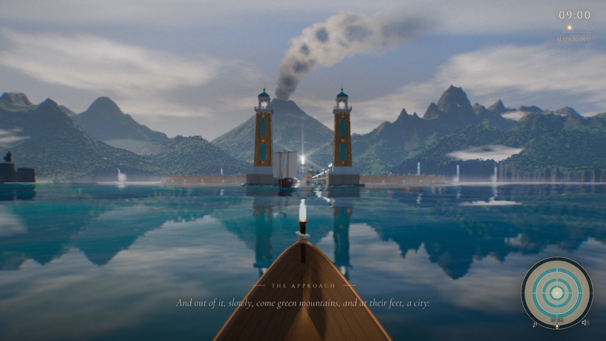 A boat sailing toward twin lighthouses on a glassy mountain lake in Poseidia