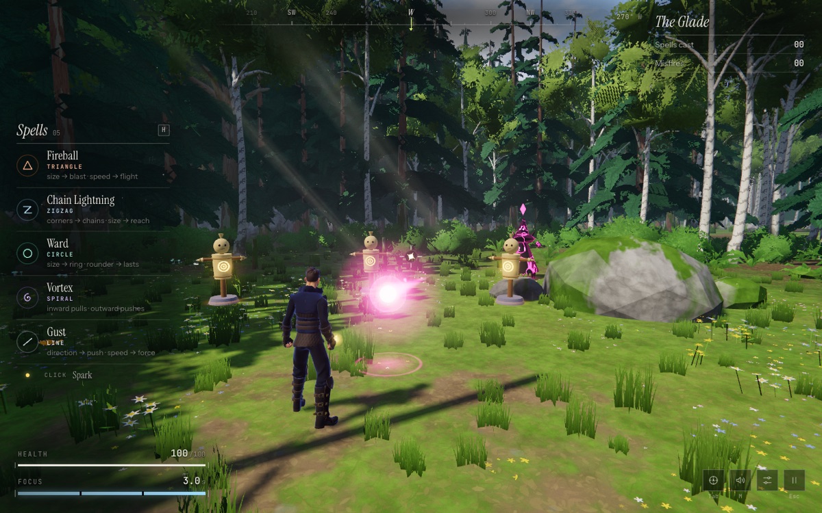 A wizard casting a glowing pink spell at training targets in a forest glade in Spellwright