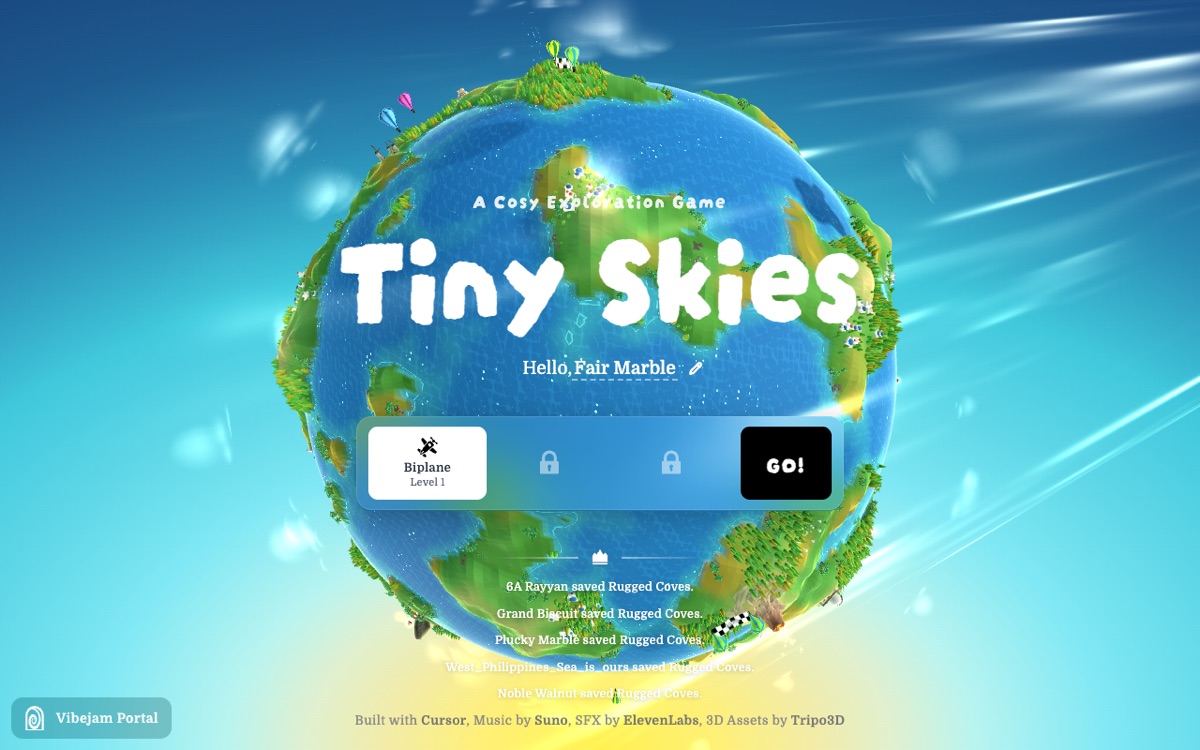 Title screen of Tiny Skies showing a small green planet in a bright blue sky